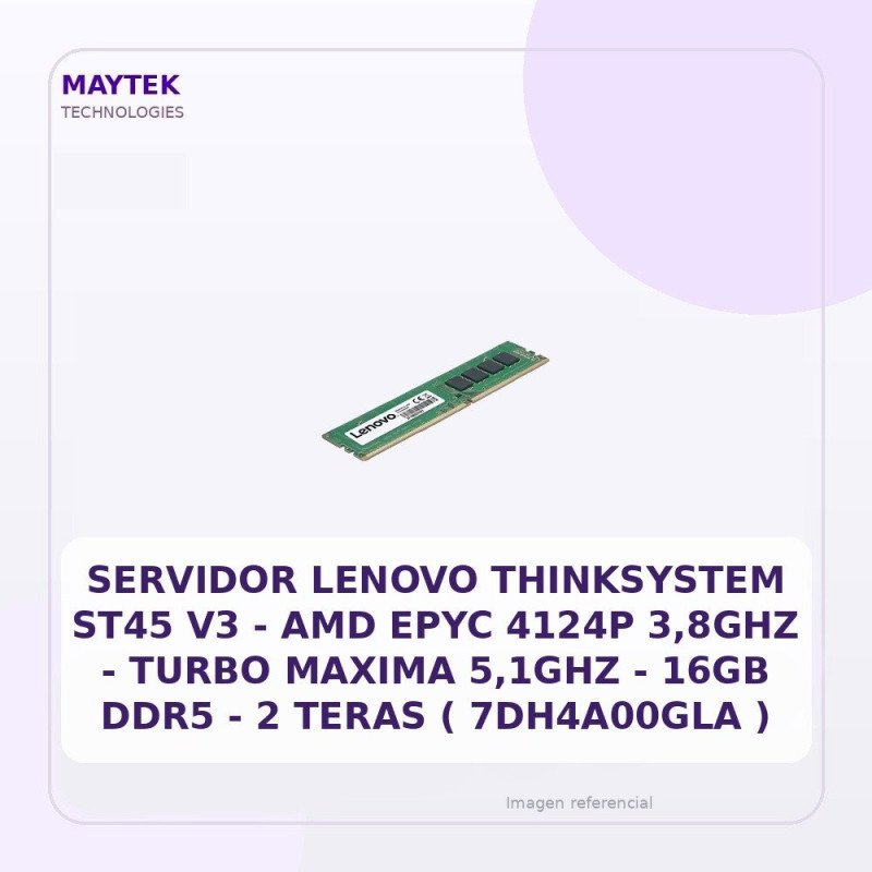 Servidor Lenovo Thinksystem ST45 V3 | AMD EPYC 4124P 3,8GHZ | Turbo Maxima 5,1GHZ | 16GB DDR5 | 2 Teras ( 7DH4A00GLA )