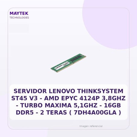 Servidor Lenovo Thinksystem ST45 V3 | AMD EPYC 4124P 3,8GHZ | Turbo Maxima 5,1GHZ | 16GB DDR5 | 2 Teras ( 7DH4A00GLA )